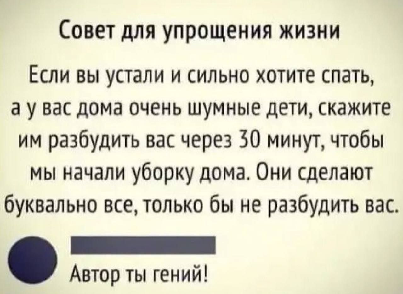 Совет для упрощения жизни Если вы устали и сильно хотите спать а у вас дома очень шумные дети скажите им разбудить вас через 30 минут чтобы мы начали уборку дома Они сделают буквально все только бы не разбудить вас тоницонию Автор ты гений