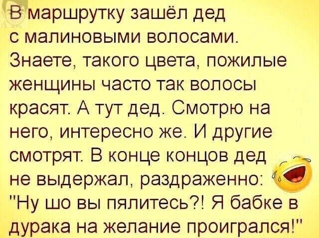 В маршрутку зашёл дед с малиновыми волосами Знаете такого цвета пожилые женщины часто так волосы красят А тут дед Смотрю на него интересно же И другие смотрят В конце концов дед не выдержал раздраженно 4 Ну шо вы пялитесь Я бабке в дурака на желание проигрался