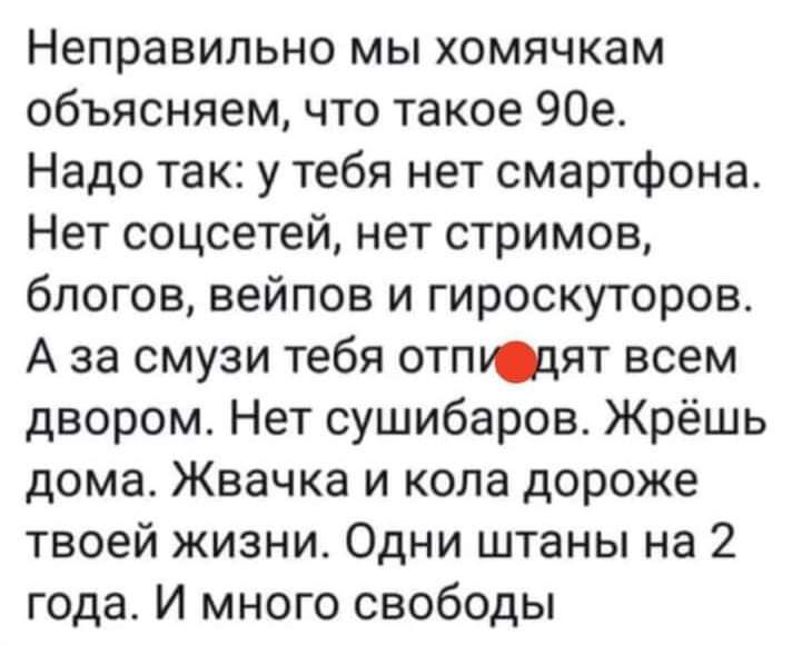 Неправильно мы хомячкам объясняем что такое 90е Надо так у тебя нет смартфона Нет соцсетей нет стримов блогов вейпов и гироскуторов А за смузи тебя отпидят всем двором Нет сушибаров Жрёшь дома Жвачка и кола дороже твоей жизни Одни штаны на 2 года И много свободы