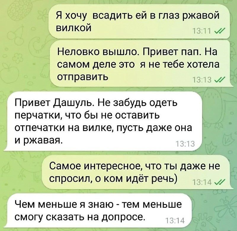 Я хочу всадить ей в глаз ржавой вилкой 1311 мй Неловко вышло Привет пап На самом деле это я нетебе хотела отправить Привет Дашуль Не забудь одеть перчатки что бы не оставить отпечатки на вилке пусть даже она и ржавая 13 Самое интересное что ты даже не спросил о ком идёт речь Чем меньше я знаю тем меньше смогу сказать на допросе