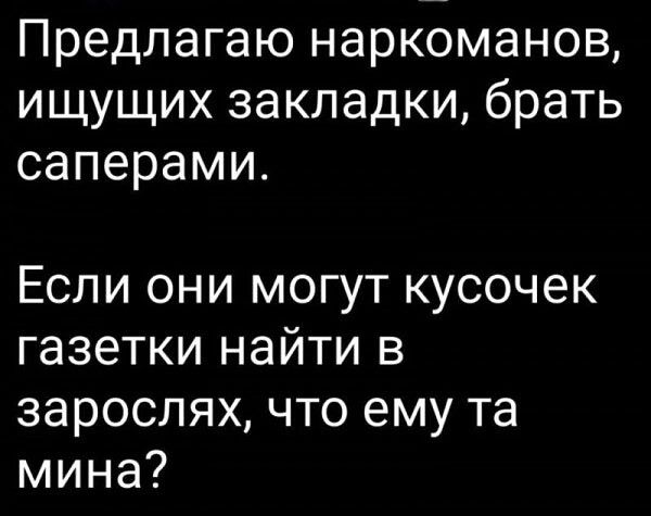 Предлагаю наркоманов ищущих закладки брать саперами Если они могут кусочек газетки найти в зарослях что ему та мина