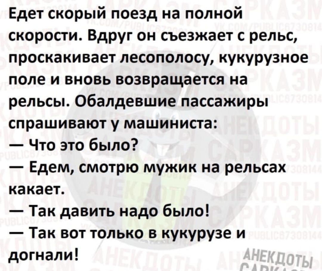 Едет скорый поезд на полной скорости Вдруг он съезжает с рельс проскакивает лесополосу кукурузное поле и вновь возвращается на рельсы Обалдевшие пассажиры спрашивают у машиниста Что это было Едем смотрю мужик на рельсах какает Так давить надо было Так вот только в кукурузе и догнали