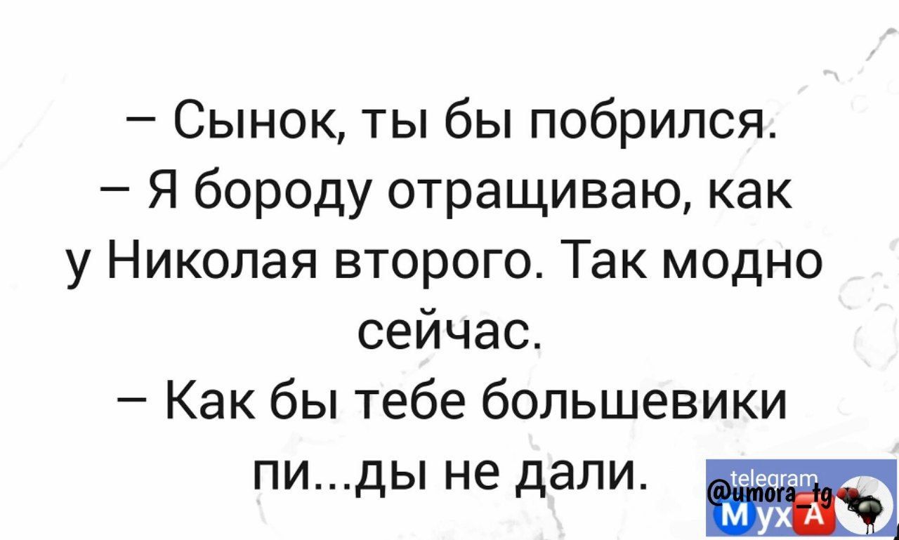 Сынок ты бы побрился Я бороду отращиваю как у Николая второго Так модно сейчас Как бы тебе большевики пиды не дали ж