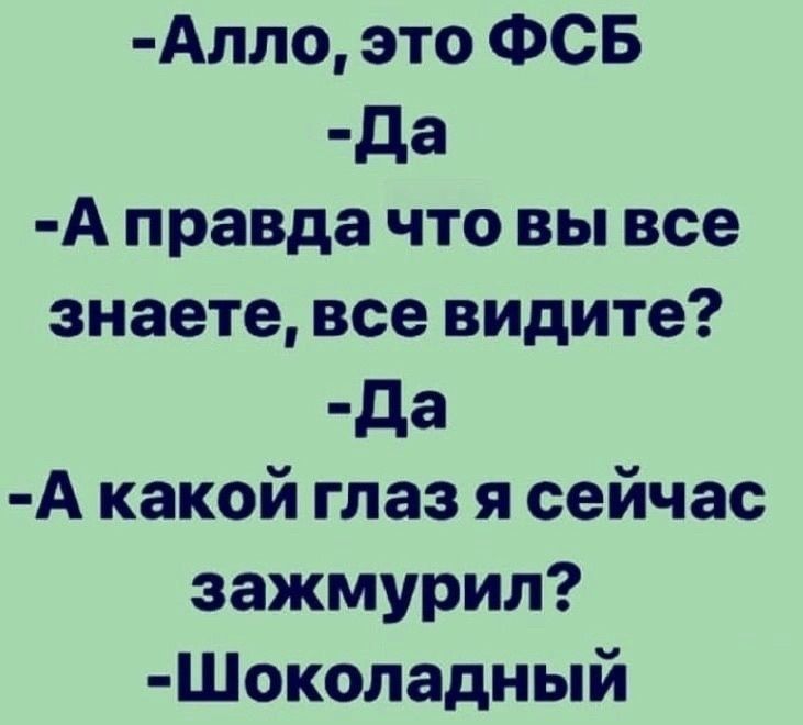 Алло это ФСБ Е да А правда что вы все знаете все видите да А какой глаз я сейчас зажмурил Шоколадный