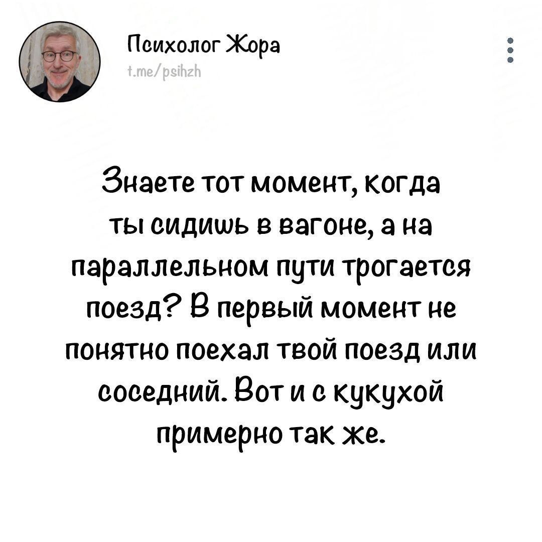 Психолог Жора Знаете тот момент когда ты сидишь в вагоне а на параллельном пути трогается поезд В первый момент не понятно поехал твой поезд или соведний Вот и с кукухой примерно так же