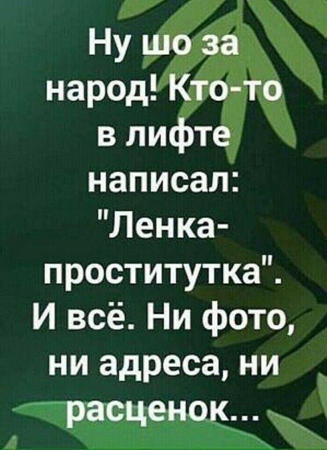 Ну шода народКто то в лифте написал Ленка проститутка И всё Ни фото ни адреса ни расценок