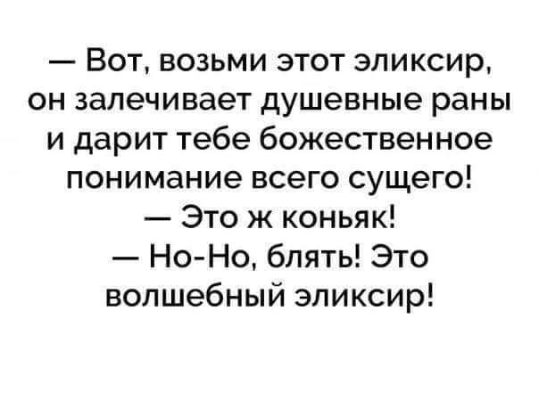 Вот возьми этот эликсир он залечивает душевные раны и дарит тебе божественное понимание всего сущего Это ж коньяк Но Но блять Это волшебный эликсир