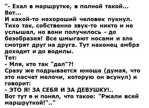 Ехал в маршрутке в полной такой Вот И какой то нехороший человек пукнул Тихо так собственно звук то никто и не услышал но вони получилось до безобразия Все шмыгают носами и зло смотрят друг на друга Тут наконец амбрэ доходит и до водилы Тот Мля кто так дал Сразу же подрывается юноша думая что это насчет мелочи которую он всунул и говорит ЭТО Я ЗА СЕБЯ И ЗА ДЕВУШКУ Вот тут я и понял что такое маршр