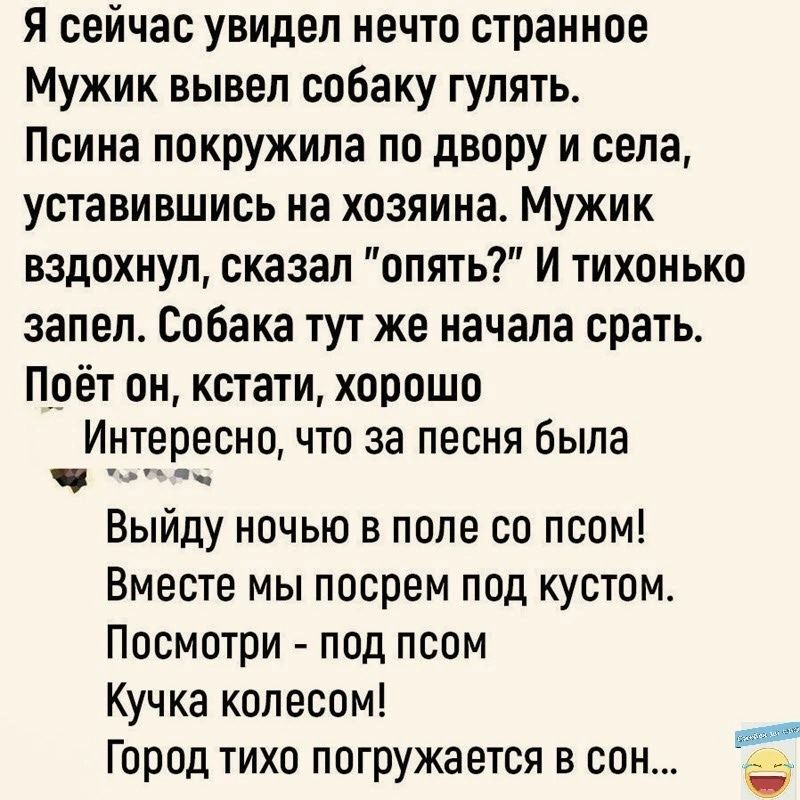 Я сейчас увидел нечто странное Мужик вывел собаку гулять Псина покружила по двору и села уставившись на хозяина Мужик вздохнул сказал опять И тихонько запел Собака тут же начала срать Поёт он кстати хорошо Интересно что за песня была чр оеч Выйду ночью в поле со псом Вместе мы посрем под кустом Посмотри под псом Кучка колесом Город тихо погружается в сон