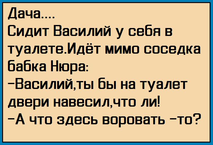 Дача Сидит Василий у себя в туалетеИдёт мимо соседка бабка Нюра Василийты бы на туалет двери навесилчто ли А что здесь воровать то