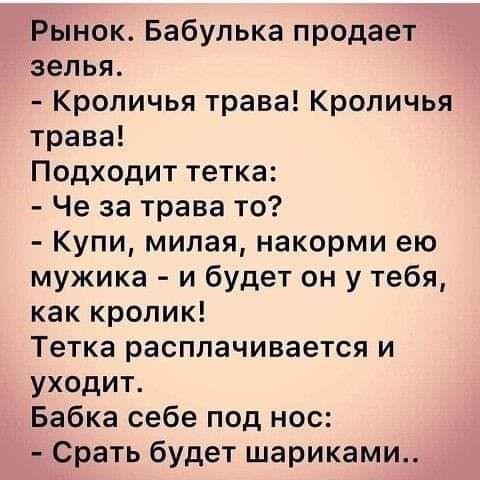 Рынок Бабулька продает зелья Кроличья трава Кроличья трава Подходит тетка Че за трава то Купи милая накорми ею мужика и будет он у тебя как кролик Тетка расплачивается и уходит Бабка себе под нос Срать будет шариками