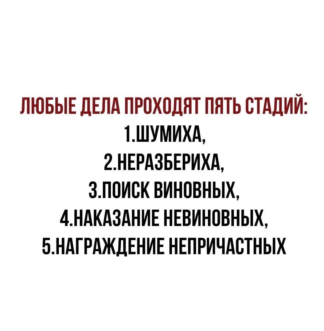 ЛЮБЫЕ ДЕЛА ПРОХОДЯТ ПЯТЬ СТАДИЙ 1ШУМИХА 2НЕРАЗБЕРИХА ЗПОИСК ВИНОВНЫХ 4НАКАЗАНИЕ НЕВИНОВНЫХ 5НАГРАЖДЕНИЕ НЕПРИЧАСТНЫХ