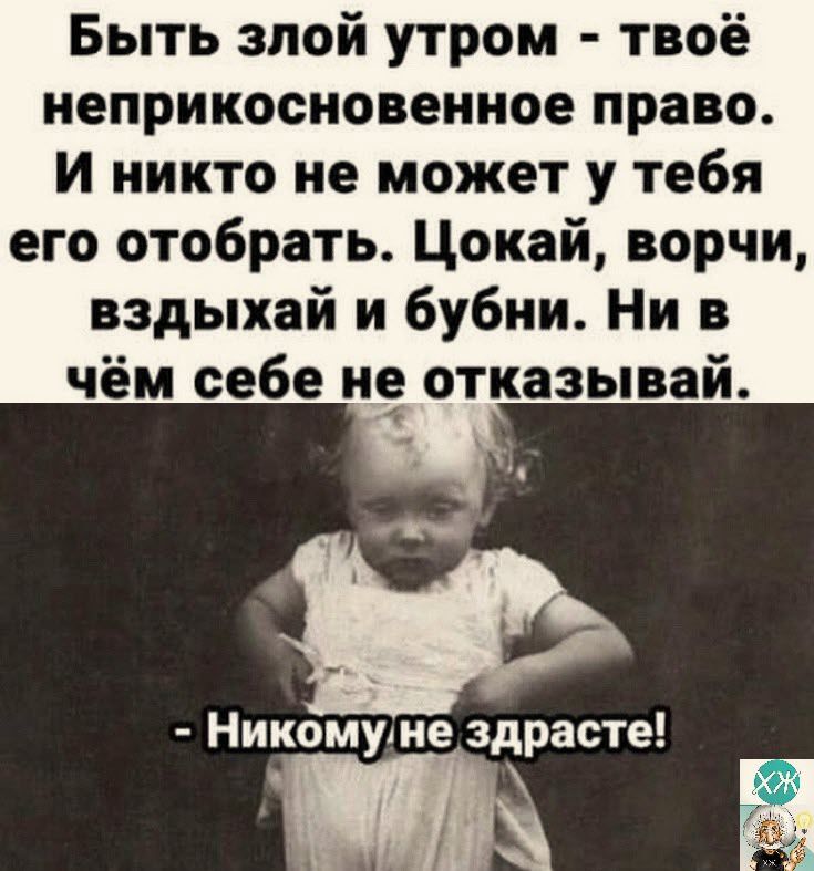 Быть злой утром твоё неприкосновенное право И никто не может у тебя его отобрать Цокай ворчи вздыхай и бубни Ни в чём себе не отказывай Никомуне здрасте Ъ Зя