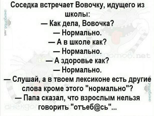 Соседка встречает Вовочку идущего из школы Как дела Вовочка Нормально Ав школе как Нормально Аздоровье как Нормально Слушай а в твоем лексиконе есть другие слова кроме этого нормально Папа сказал что взрослым нельзя говорить отъебсь