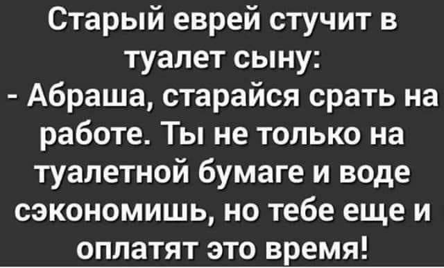 Старый еврей стучит в туалет сыну Абраша старайся срать на работе Ты не только на туалетной бумаге и воде сэкономишь но тебе еще и оплатят это время