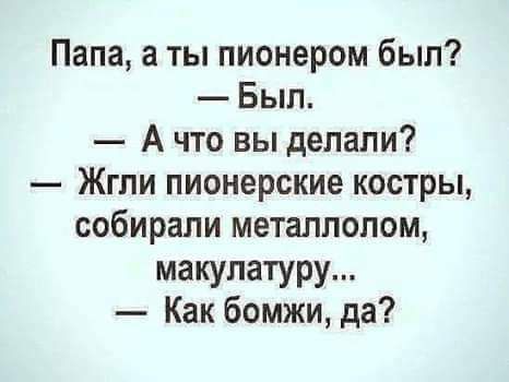 Папа а ты пионером был Был Ачто вы делали Жгли пионерские костры собирали металлолом макулатуру Как бомжи да