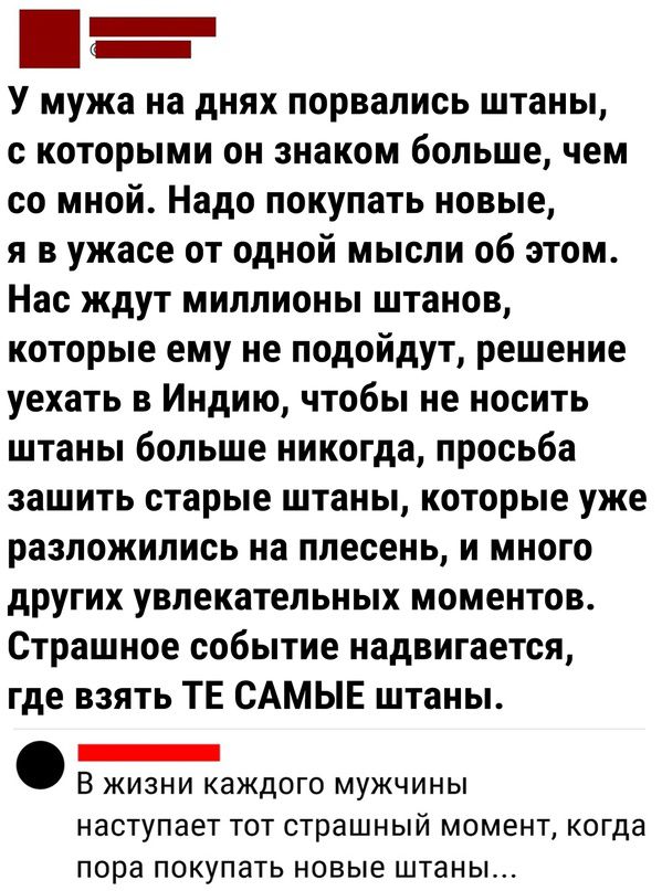 В У мужа на днях порвались штаны с которыми он знаком больше чем со мной Надо покупать новые я в ужасе от одной мысли об этом Нас ждут миллионы штанов которые ему не подойдут решение уехать в Индию чтобы не носить штаны больше никогда просьба зашить старые штаны которые уже разложились на плесень и много других увлекательных моментов Страшное событие надвигается где взять ТЕ САМЫЕ штаны ЕЕЕЕЕЕЕЕЫ 