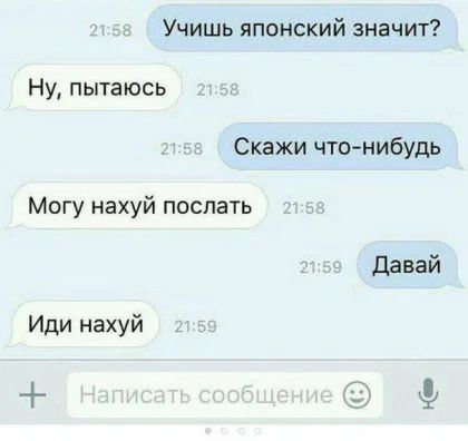 Учишь японский значит Ну пытаюсь Скажи что нибудь Могу нахуй послать Давай Иди нахуй г