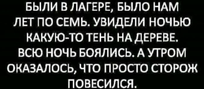БЫЛИ В ЛАГЕРЕ БЫЛО НАМ ЛЕТ ПО СЕМЬ УВИДЕЛИ НОЧЬЮ КАКУЮ ТО ТЕНЬ НА ДЕРЕВЕ ВСЮ НОЧЬ БОЯЛИСЬ А УТРОМ ОКАЗАЛОСЬ ЧТО ПРОСТО СТОРОЖ нГ 7 РГ