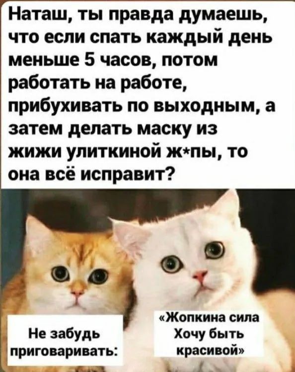 Наташ ты правда думаешь что если спать каждый день меньше 5 часов потом работать на работе прибухивать по выходным а затем делать маску из жижи улиткиной жпы то она всё исправит Л Жопкина сила Не забудь Хочу быть приговаривать красивой ВнНННННИЦ Ва