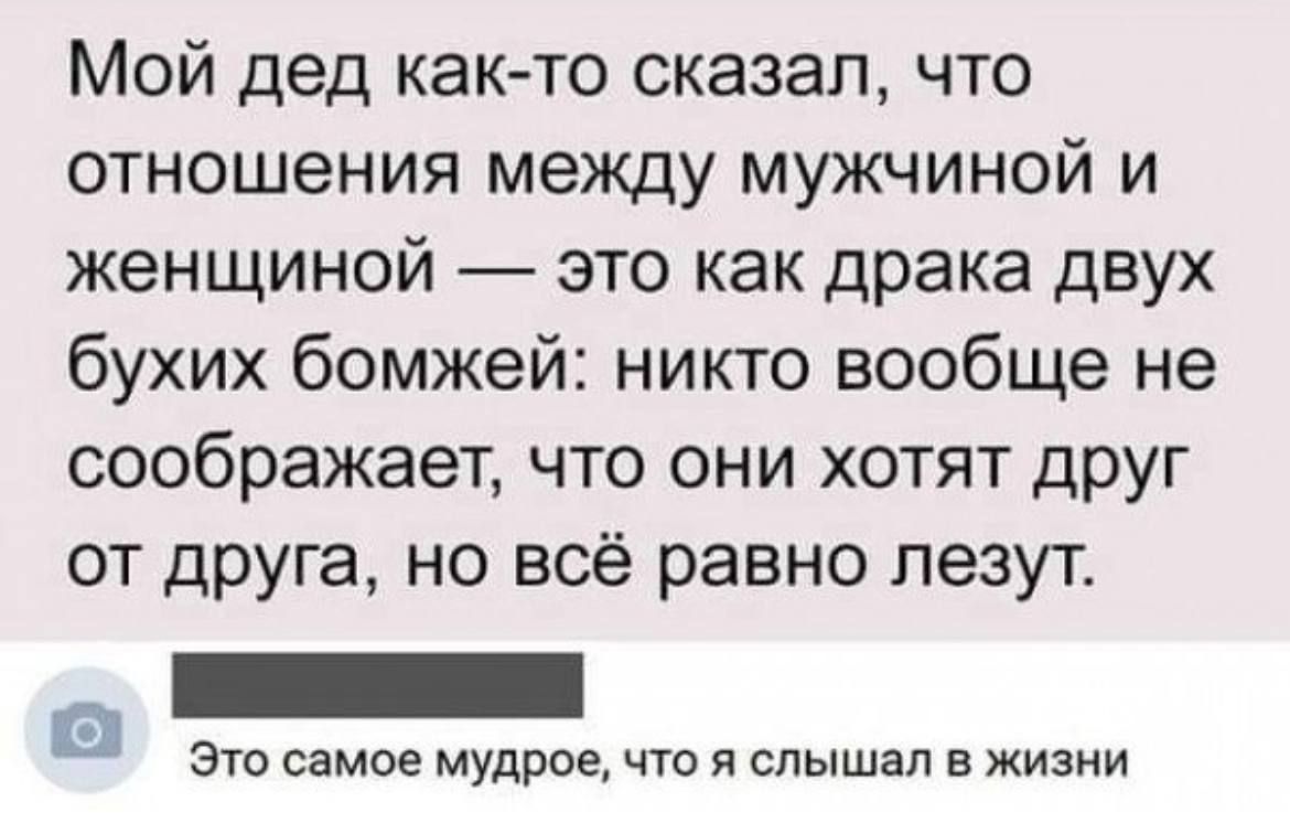 Мой дед как то сказал что отношения между мужчиной и женщиной это как драка двух бухих бомжей никто вообще не соображает что они хотят друг от друга но всё равно лезут Это самое мудрое что я слышал в жизни а