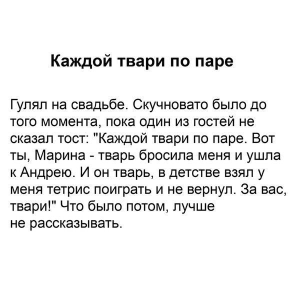 Каждой твари по паре Гулял на свадьбе Скучновато было до того момента пока один из гостей не сказал тост Каждой твари по паре Вот ты Марина тварь бросила меня и ушла к Андрею И он тварь в детстве взял у меня тетрис поиграть и не вернул За вас твари Что было потом лучше не рассказывать