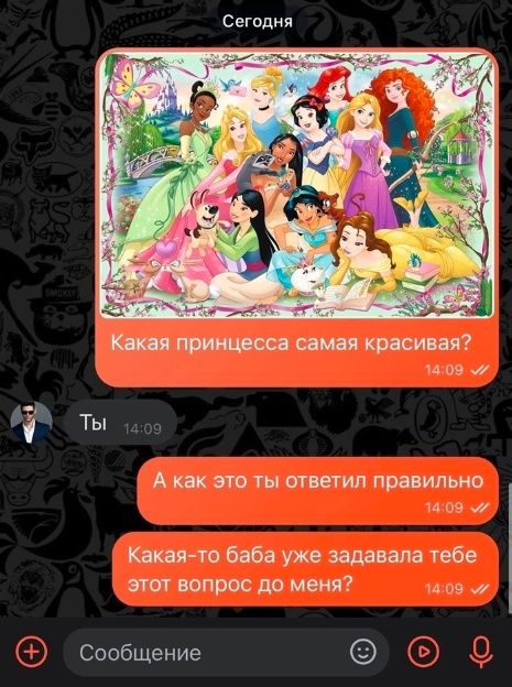 Сегодня Какая принцесса самая красивая 1409 м э Е Акак это ты ответил правильно 1409 м Какая то баба уже задавала тебе этот вопрос до меня 1409 му Сообщение КО