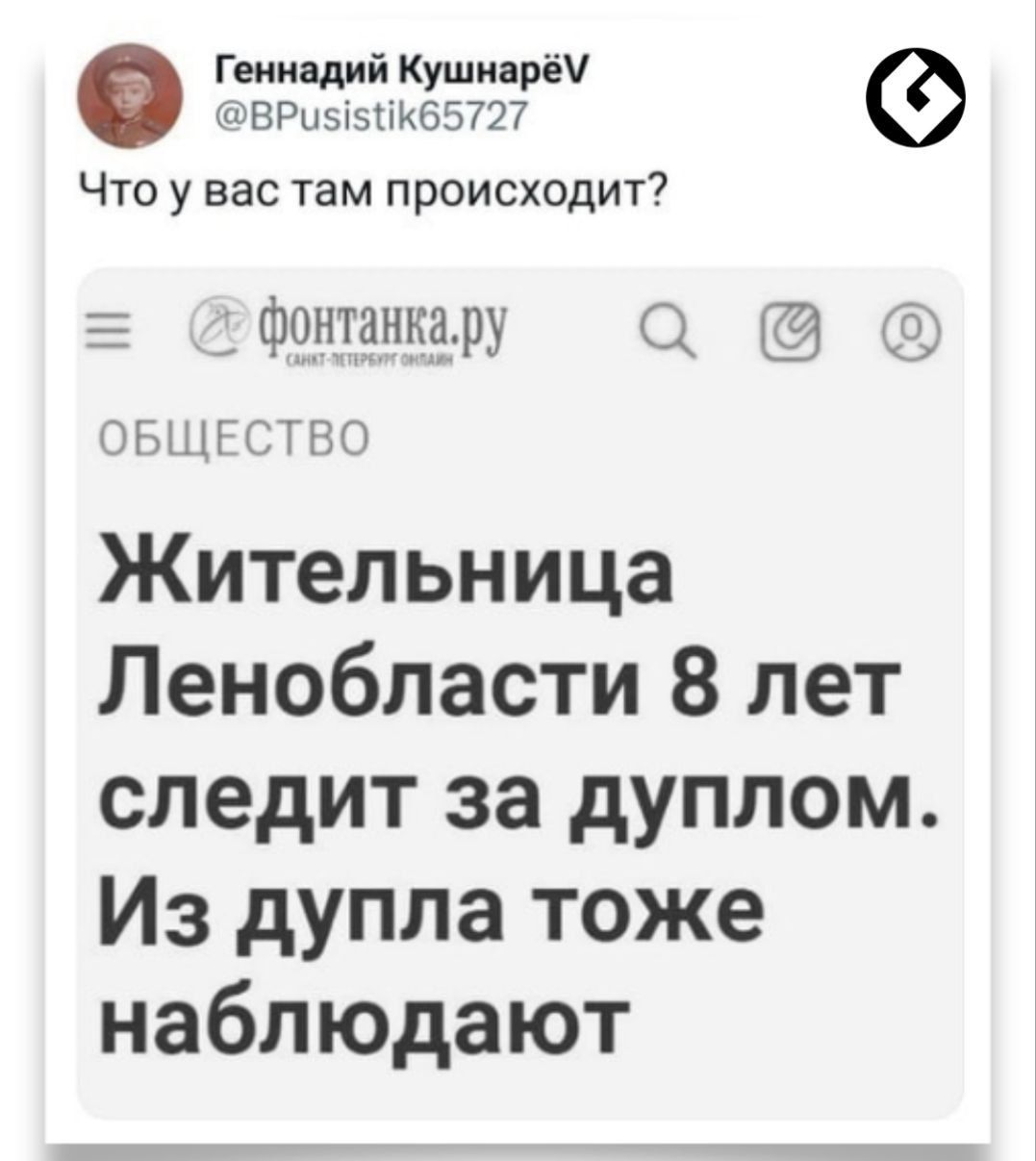 Геннадий Кушнарё ВРи55иКб5727 Что у вас там происходит фар ОБЩЕСТВО Жительница Ленобласти 8 лет следит за дуплом Из дупла тоже наблюдают