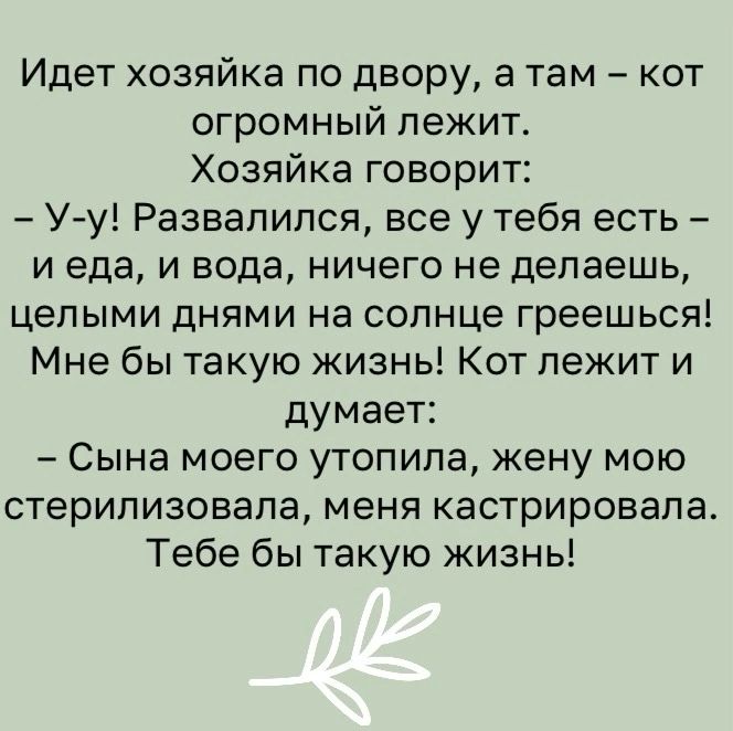 Идет хозяйка по двору а там кот огромный лежит Хозяйка говорит У у Развалился все у тебя есть и еда и вода ничего не делаешь целыми днями на солнце греешься Мне бы такую жизнь Кот лежит и думает Сына моего утопила жену мою стерилизовала меня кастрировала Тебе бы такую жизнь