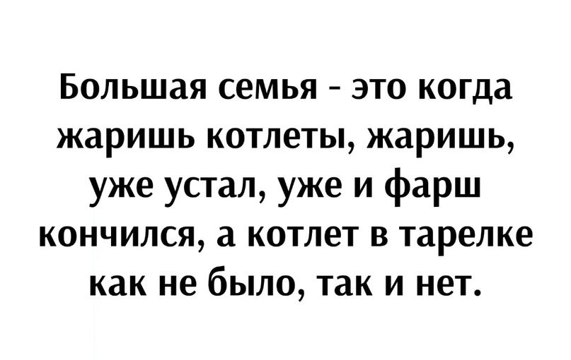 Большая семья это когда жаришь котлеты жаришь уже устал уже и фарш кончился а котлет в тарелке как не было так и нет