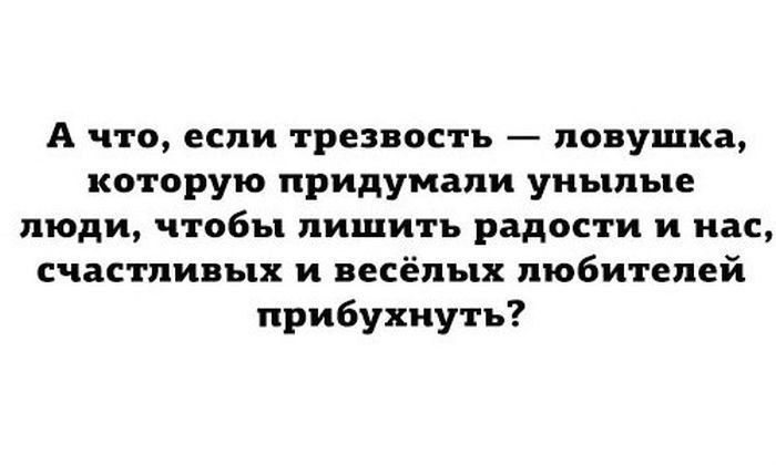 А что если трезвость ловушка которую придумали унылые люди чтобы лишить радости и нас счастливых и весёлых любителей прибухнуть