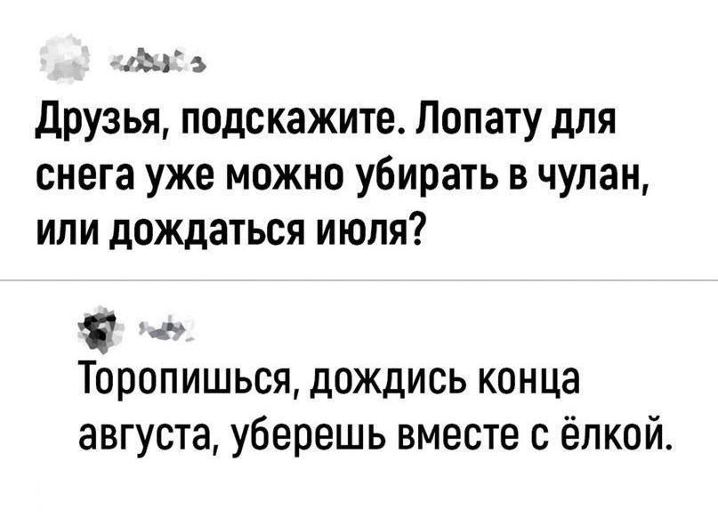 ваг Друзья подскажите Лопату для снега уже можно убирать в чулан или дождаться июля я Торопишься дождись конца августа уберешь вместе с ёлкой