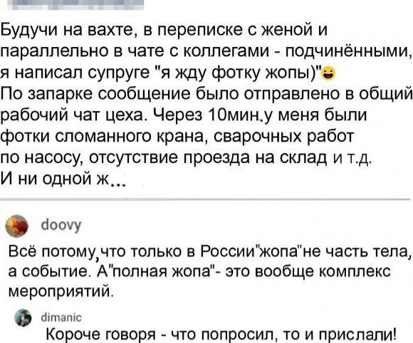 Будучи на вахте в переписке с женой и параллельно в чате с коллегами подчинёнными я написал супруге я жду фотку жопы По запарке сообщение было отправлено в общий рабочий чат цеха Через 1Омину меня были фотки сломанного крана сварочных работ по насосу отсутствие проезда на склад и тд И ни одной ж Всё потомучто только в Россиижопане часть тела а событие Аполная жопа это вообще комплекс мероприятий т