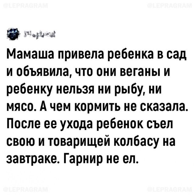 учеросй Мамаша привела ребенка в сад и объявила что они веганы и ребенку нельзя ни рыбу ни мясо А чем кормить не сказала После ее ухода ребенок съел свою и товарищей колбасу на завтраке Гарнир не ел