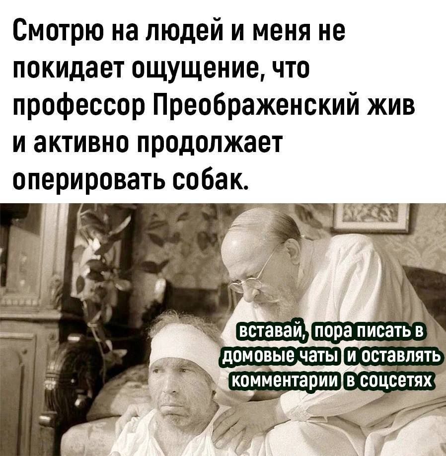 Смотрю на людей и меня не покидает ощущение что профессор Преображенский жив и активно продолжает оперировать собак 4 вставайпора писать в Ду домовые чаты и пвтавпять м комм_ентарии вспцсетях оя