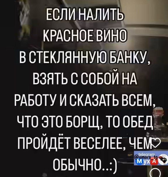 ЕСЛИНАЛИТЬ КРАСНОЕ ВИНО В СТЕКЛЯННУЮ БАНКУ ВЗЯТЬ С СОБОЙ НА РАБОТУ И СКАЗАТЬ ВСЕМ_ ЧТО ЭТО БОРЩ ТО ОБЕД ПРОЙДЁТ ВЕСЕЛЕЕ ЧЕМЭ ОБЫЧНО 57