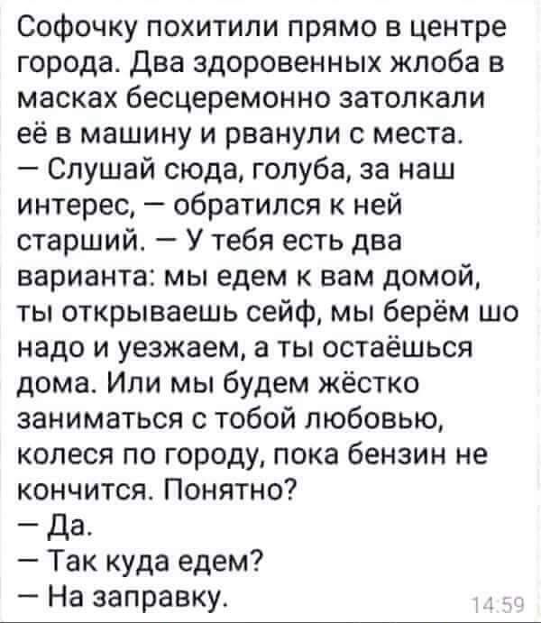 Софочку похитили прямо в центре города Два здоровенных жлоба в масках бесцеремонно затолкали её в машину и рванули с места Слушай сюда голуба за наш интерес обратился к ней старший У тебя есть два варианта мы едем к вам домой ты открываешь сейф мы берём шо надо и уезжаем а ты остаёшься дома Или мы будем жёстко заниматься с тобой любовью колеся по городу пока бензин не кончится Понятно Да Так куда 