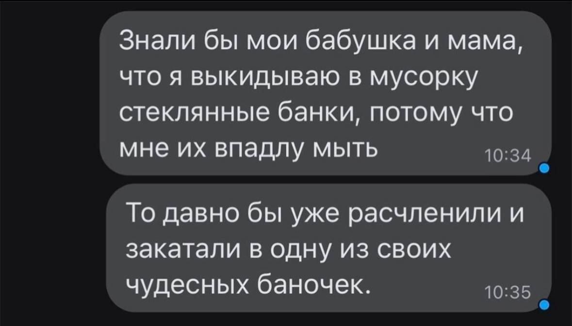 Знали бы мои бабушка и мама что я выкидываю в мусорку стеклянные банки потому что мне их впадлу мыть 1оза То давно бы уже расчленили и закатали в одну из своих чудесных баночек 1035