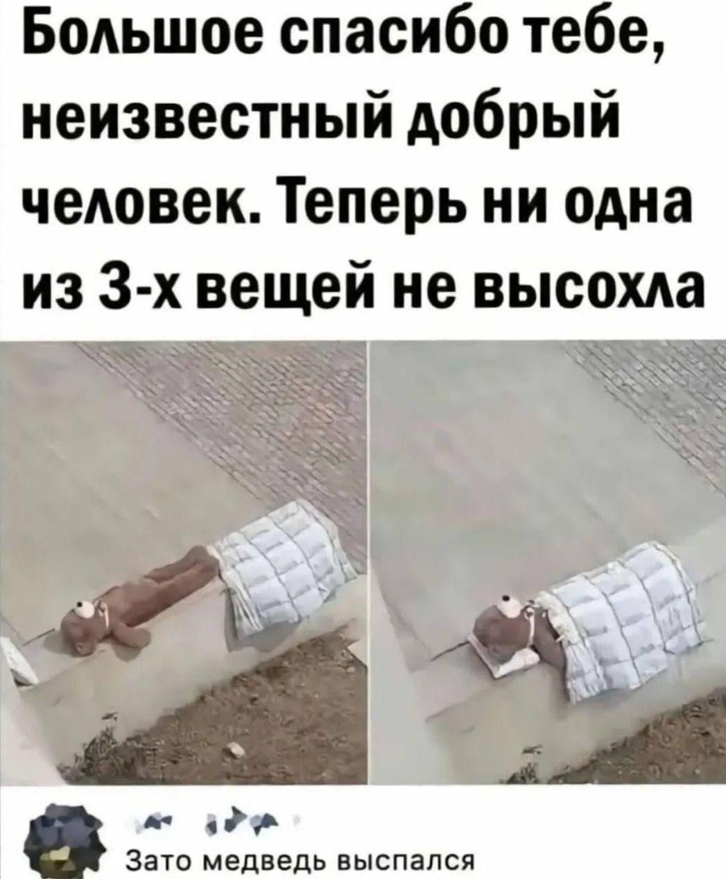 Большое спасибо тебе неизвестный добрый человек Теперь ни одна из з х вещей не высохда РР я Зато медведь выспался