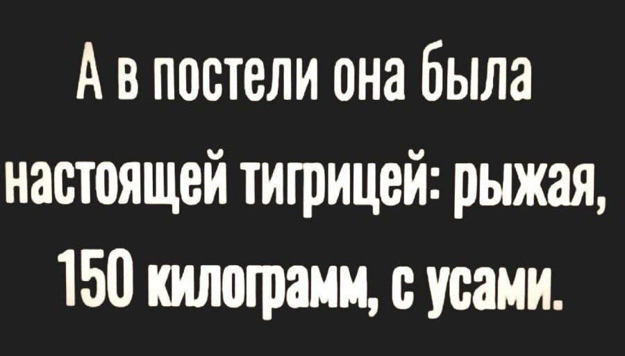 А в постели она была настоящей тигрицей рыжая 150 килограмм с усами