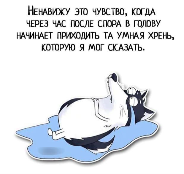 НЕНАВИЖУ ЭТО ЧУВСТВО КОГДА ЧЕРЕЗ ЧАС ПОСЛЕ СПОРА В ГОЛОВУ НАЧИНАЕТ ПРИХОДИТЬ ТА УМНАЯ ХРЕНЬ КОТОРУЮ Я МОГ СКАЗАТЬ