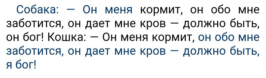 Собака Он меня кормит он обо мне заботится он дает мне кров должно быть он бог Кошка Он меня кормит он обо мне заботится он дает мне кров должно быть я бог