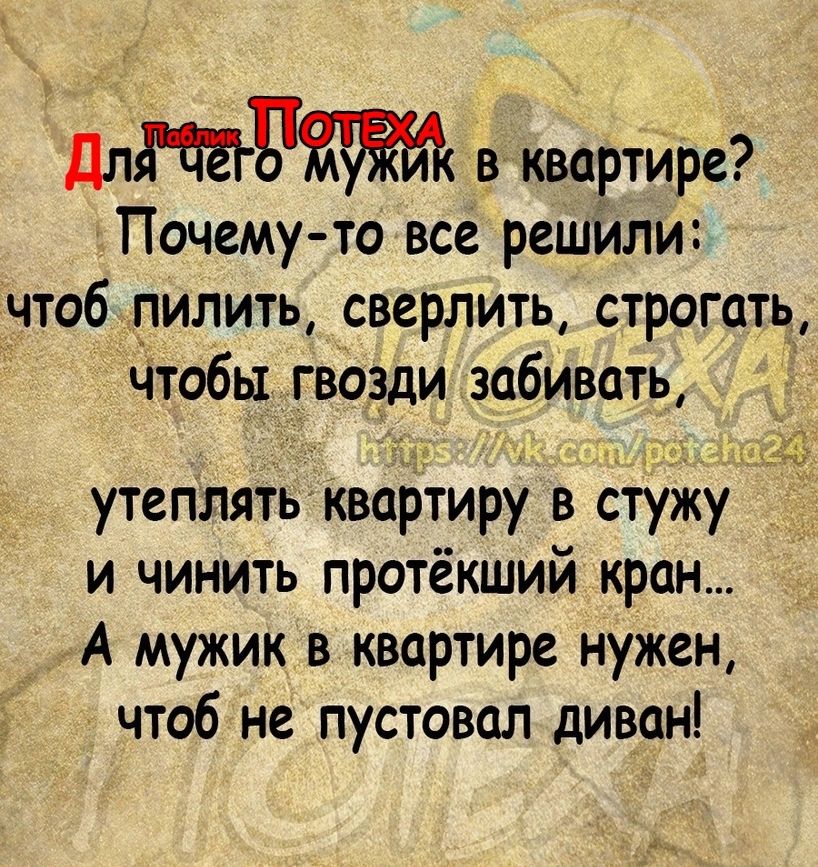 длдіс в Квартире Почему то всерешили чтобпилить сверлить строгать Чтобы гвоздизабивать утеплять квартиру в стужу и чинить протёкший кран А мужик в квартире нужен чтоб не пустовалдиван