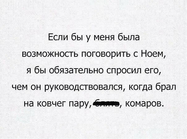 Если бы у меня была возможность поговорить с Ноем я бы обязательно спросил его чем он руководствовался когда брал на ковчег пару я комаров