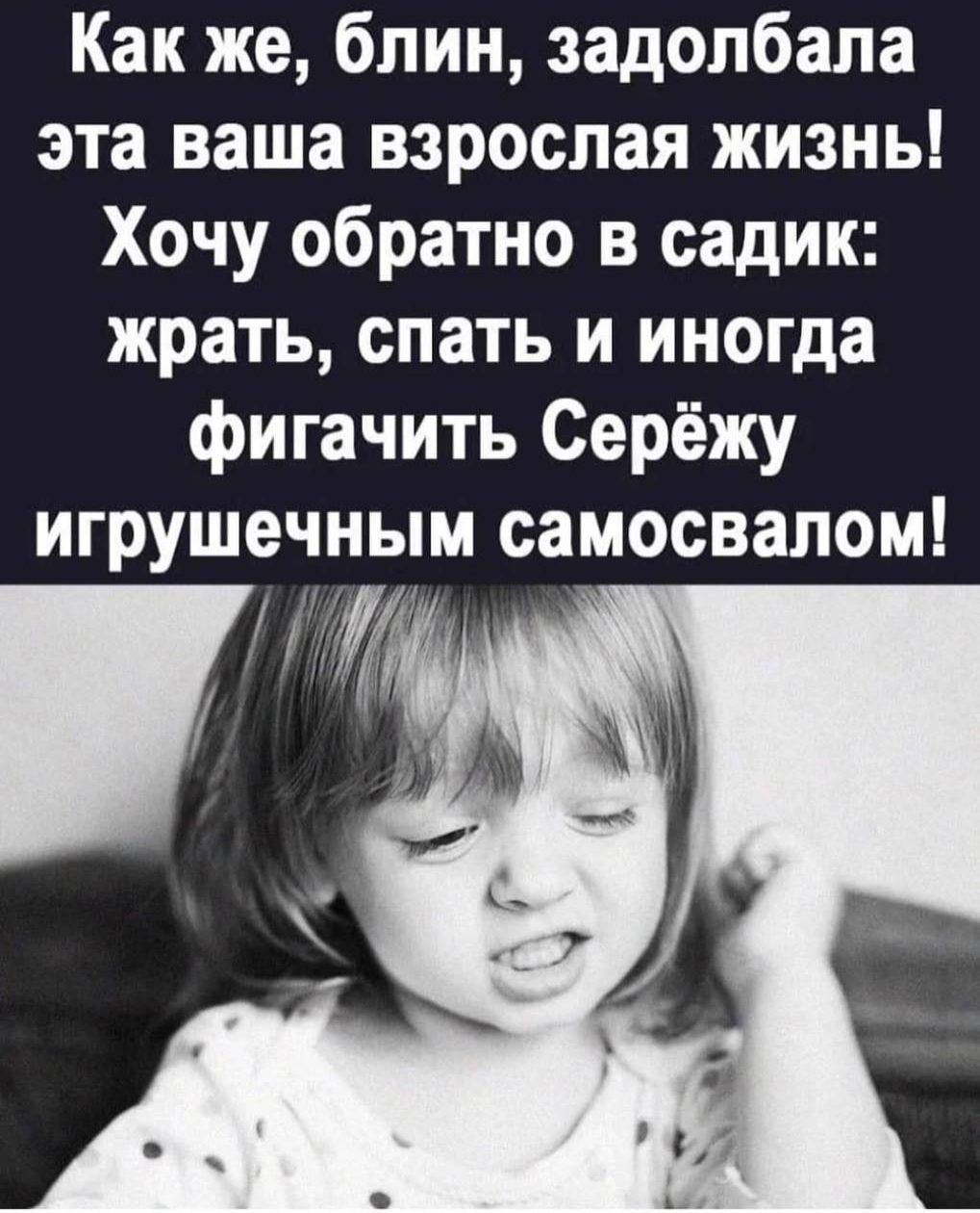 Как же блин задолбала эта ваша взрослая жизнь Хочу обратно в садик жрать спать и иногда фигачить Серёжу игрушечным самосвалом
