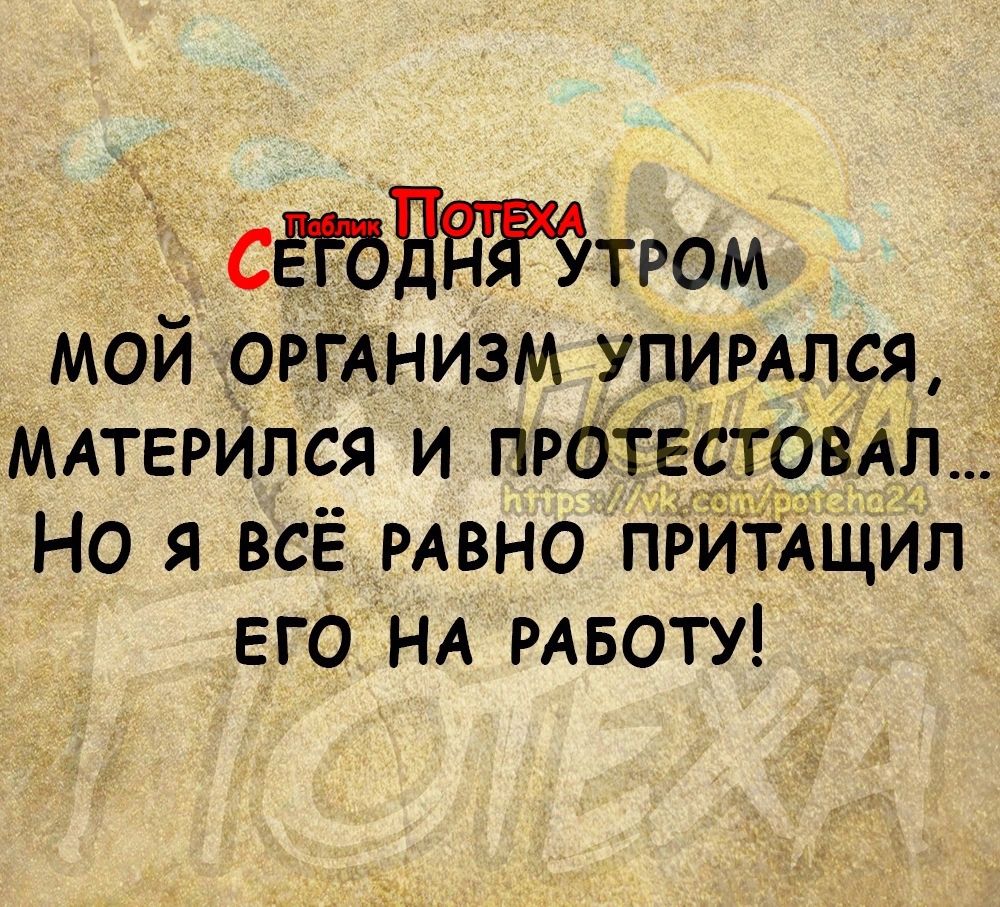 сР Р Ф тРОМ МОЙ ОРГАНИЗМ_УПИРАЛСЯ МАТЕРИЛСЯ И ПРОТЕСТОВАЛ НО Я ВСЁ РАВНО ПРИТАЩИЛ ЕГО НА РАБОТУ