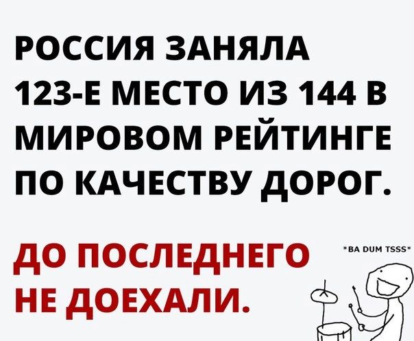 РОССИЯ ЗАНЯЛА 123 Е МЕСТО ИЗ 144 В МИРОВОМ РЕЙТИНГЕ ПО КАЧЕСТВУ ДОРОГ ДО ПОСЛЕДНЕГО 7 НЕ ДОЕХАЛИ Ё
