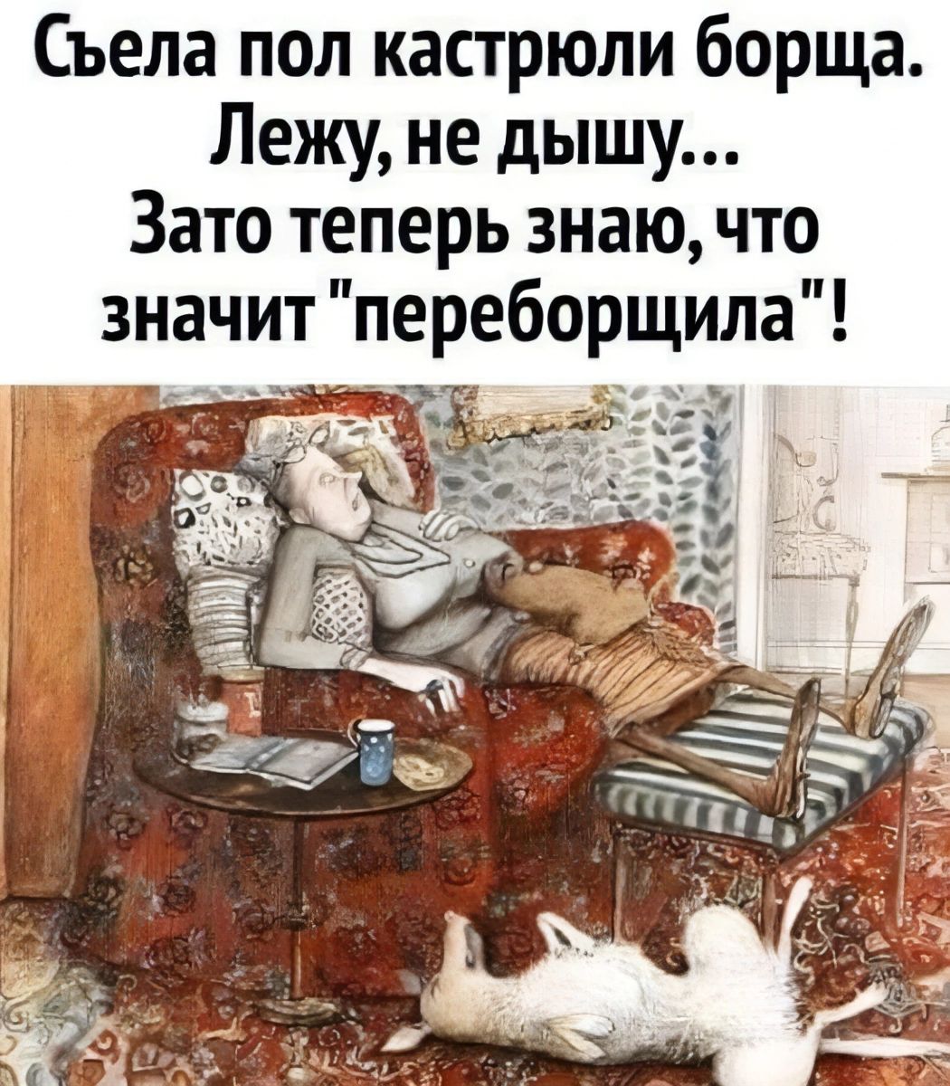 Съела пол кастрюли борща Лежу не дыщу Зато теперь знаю что значит переборщила