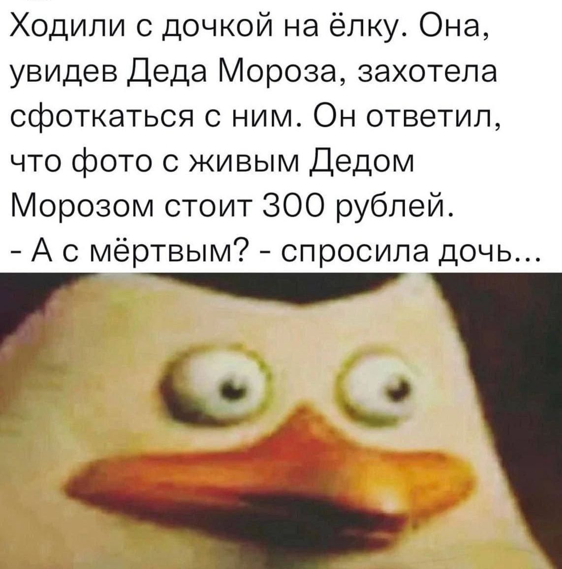 Ходили с дочкой на ёлку Она увидев Деда Мороза захотела сфоткаться с ним Он ответил что фото с живым Дедом Морозом стоит 300 рублей А с мёртвым спросила дочь Шос