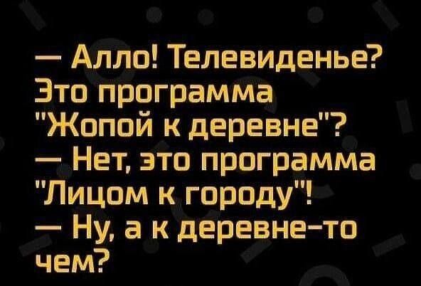 Алло Телевиденье Это программа Жопой к деревне Нет это программа Лицом к городу Ну а к деревне то чем